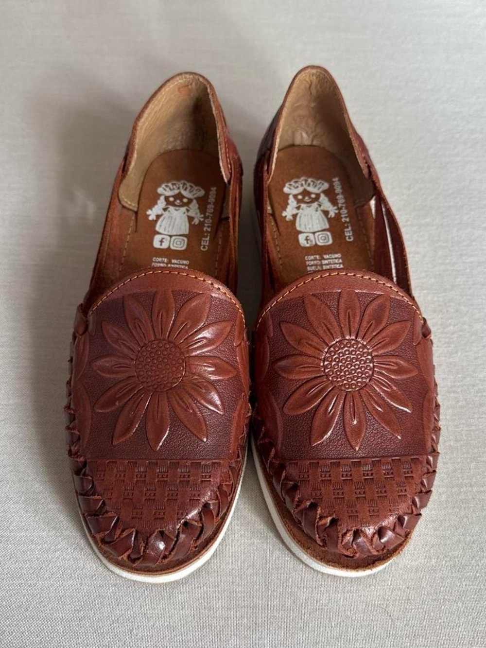 Women's Brown Leather Slip-On Loafers with Floral Embossing